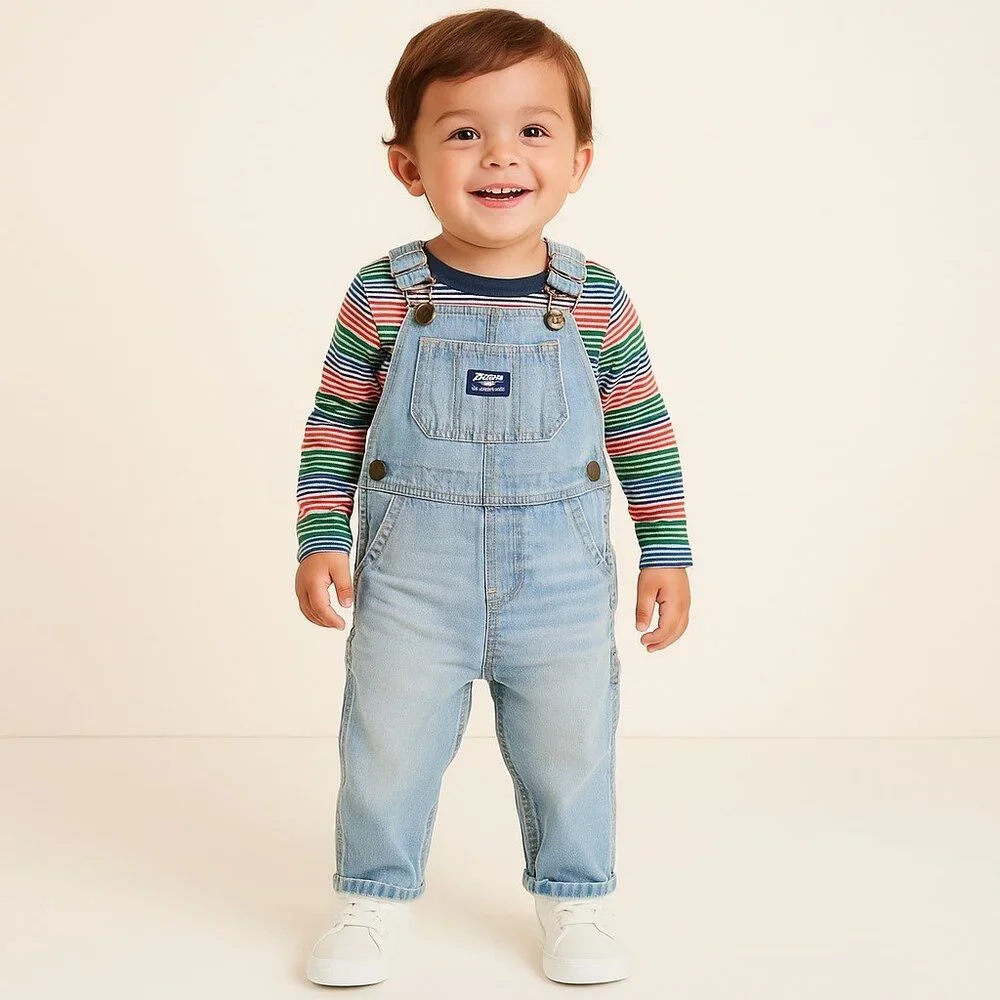 OshKosh B'Gosh Light-Medium Wash Adjustable Snap Crotch Bib Overalls Boys 24M